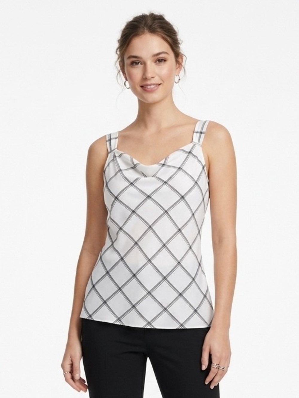 WHBM White Black Diamond Windowpane Satin Drape Cowl Neck Shell Top XS $78 EUC